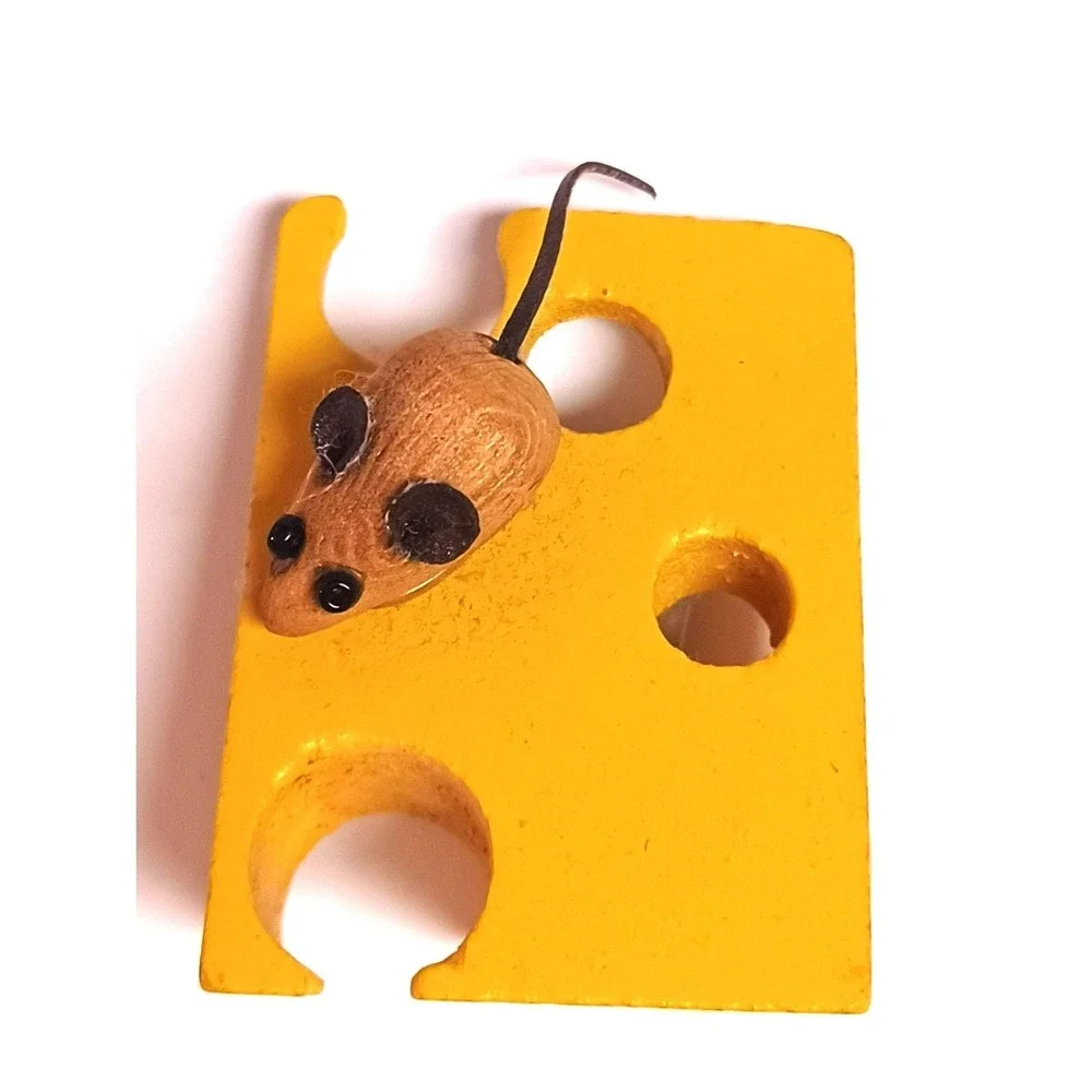 Vintage 1996 Handmade Wood Mouse Swiss Cheese Magnet 90s Folk Art Craft Dated